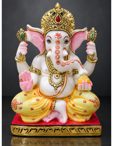 Marble Ganesha Idol with Pink Crown Apex on Red Pedestal | 12 Inch | GMB