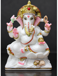 Hand-Painted Marble Ganesha Idol, Side-Angle Pose with Mouse, 12 Inch