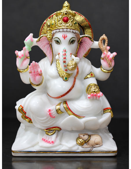 Hand-Painted Marble Ganesha Idol, Side-Angle Pose with Mouse, 12 Inch