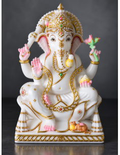 Marble Ganesha Idol with Tall Gold Crown on White Base | 12 Inch | GMB
