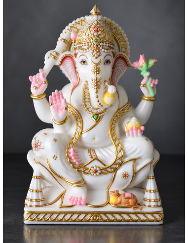 Marble Ganesha Idol with Tall Gold Crown on White Base | 12 Inch | GMB