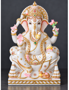 Marble Ganesha Idol with Tall Gold Crown, Alternate Pose | 12 Inch | GMB
