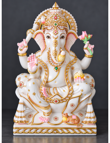 Marble Ganesha Idol with Tall Gold Crown, Alternate Pose | 12 Inch | GMB