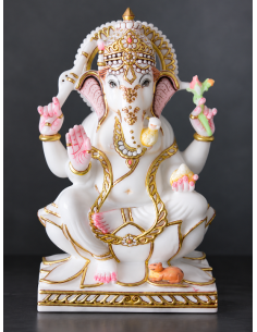 Marble Ganesha Idol with Gold Halo, Hands Raised | 12 Inch | GMB