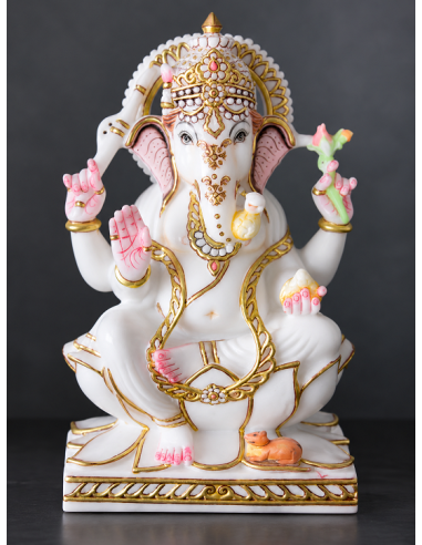 Marble Ganesha Idol with Gold Halo, Hands Raised | 12 Inch | GMB