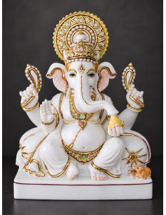 Marble Ganesha Idol with Gold Halo on Octagonal White Base | 12 Inch | GMB