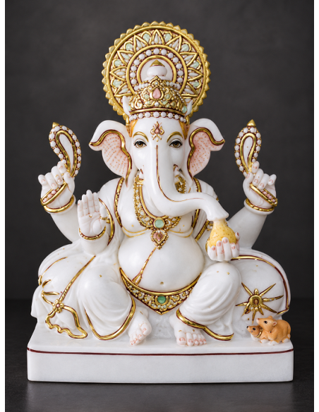Marble Ganesha Idol with Gold Halo on Octagonal White Base | 12 Inch | GMB
