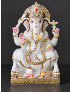 Hand-Painted Marble Ganesha Idol on Pink Lotus Petal Base - 12 Inch | GMB