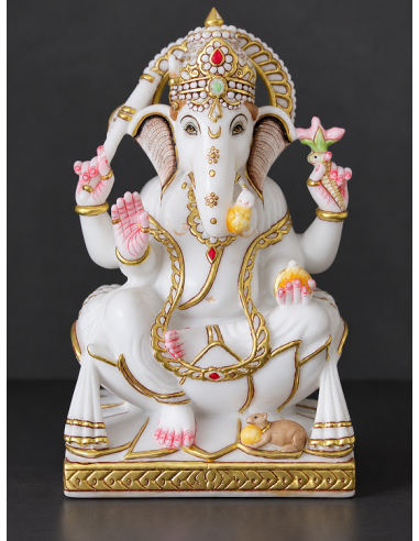 Hand-Painted Marble Ganesha Idol on Pink Lotus Petal Base - 12 Inch | GMB