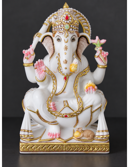 Hand-Painted Marble Ganesha Idol on Pink Lotus Petal Base - 12 Inch | GMB