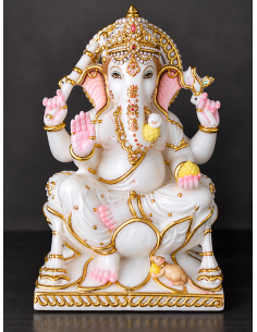 Marble Ganesha Idol on Red Rectangular Base with Gold Trim, 12 Inch