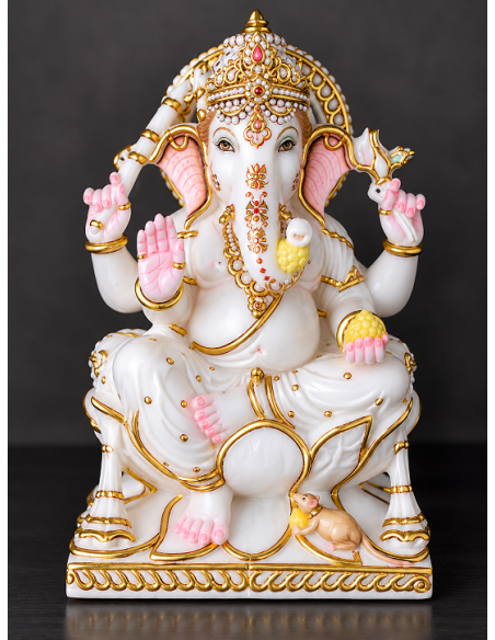 Marble Ganesha Idol on Red Rectangular Base with Gold Trim, 12 Inch