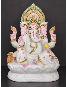 Marble Ganesha Idol with Floral Halo on Pink Lotus Pedestal, 12 Inch