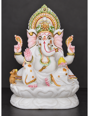 Marble Ganesha Idol with Floral Halo on Pink Lotus Pedestal, 12 Inch
