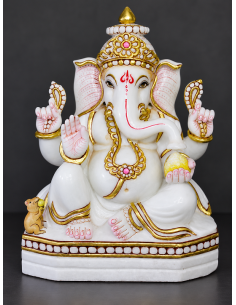 Marble Ganesha Idol with Gold Crown on Octagonal White Base, 12 Inch