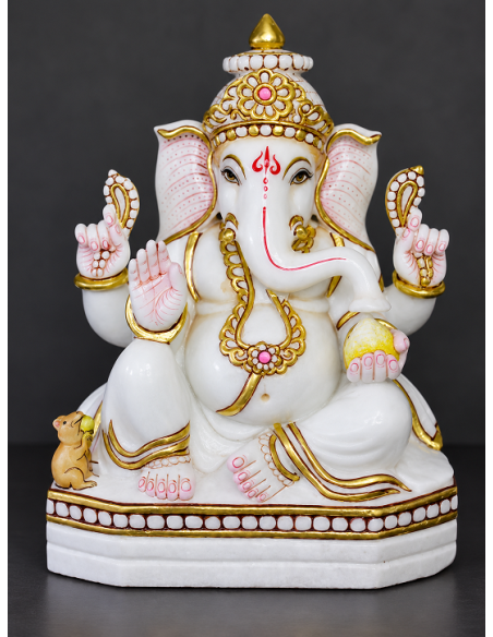 Marble Ganesha Idol with Gold Crown on Octagonal White Base, 12 Inch
