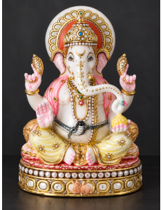 Hand-Painted Marble Ganesha Idol with Beaded Gold Base, 12 Inch