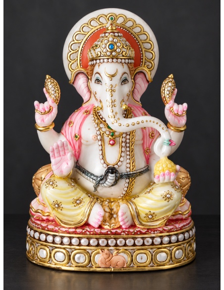 Hand-Painted Marble Ganesha Idol with Beaded Gold Base, 12 Inch