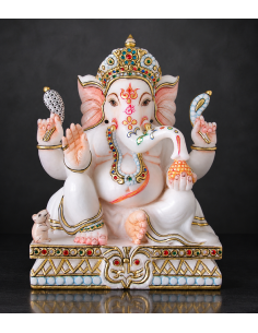 Hand-Painted Marble Ganesha Idol on Blue Pedestal, 12 Inch