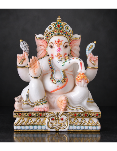Hand-Painted Marble Ganesha Idol on Blue Pedestal, 12 Inch