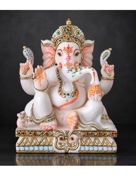 Hand-Painted Marble Ganesha Idol on Blue Pedestal, 12 Inch
