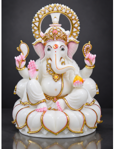 Marble Ganesha Idol with Gold Halo on Lotus Petal Base | 12 Inch | GMB