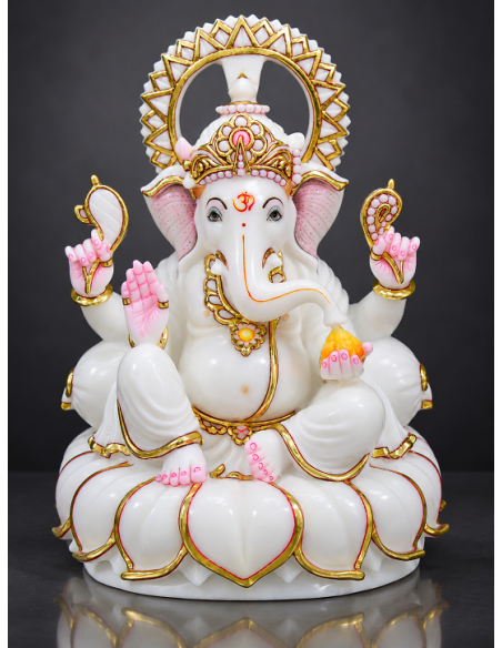 Marble Ganesha Idol with Gold Halo on Lotus Petal Base | 12 Inch | GMB