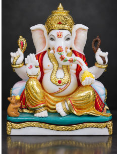 Hand-Painted Marble Ganesha Idol with Maroon Robe on Green Pedestal, 12 Inch