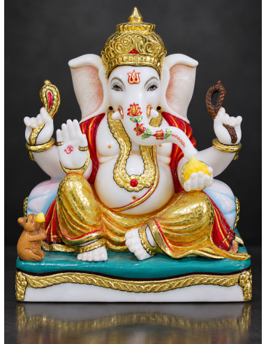 Hand-Painted Marble Ganesha Idol with Maroon Robe on Green Pedestal, 12 Inch