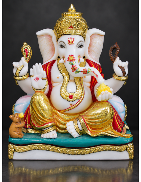 Hand-Painted Marble Ganesha Idol with Maroon Robe on Green Pedestal, 12 Inch