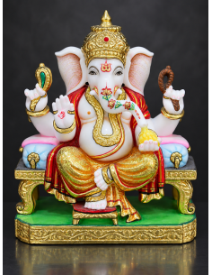 Marble Ganesha Idol Seated on Pink and Gold Throne Base, 12 Inch