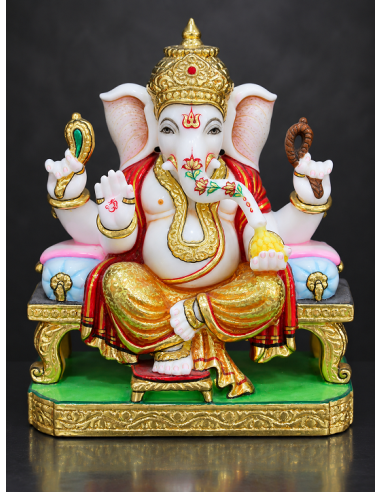 Marble Ganesha Idol Seated on Pink and Gold Throne Base, 12 Inch