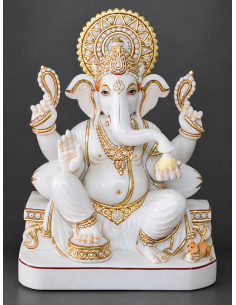 Plain White Marble Ganesha Idol on Rectangular Base, 12 Inch