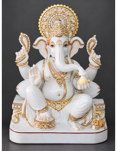 Plain White Marble Ganesha Idol on Rectangular Base, 12 Inch