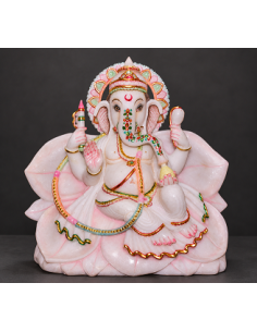 Hand-Painted Marble Ganesha Idol on Lotus Petal Base - 12 Inch