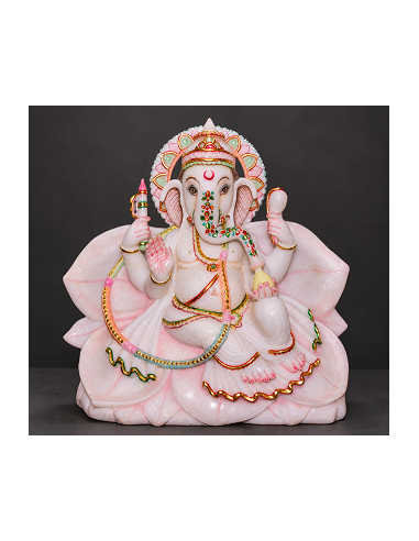 Hand-Painted Marble Ganesha Idol on Lotus Petal Base - 12 Inch