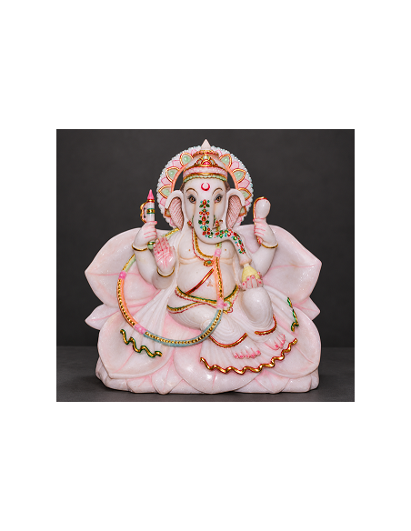 Hand-Painted Marble Ganesha Idol on Lotus Petal Base - 12 Inch