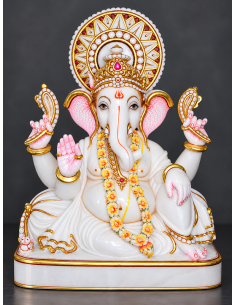 Marble Ganesha Idol with Gold Halo in Blessing Gesture, 12 Inch