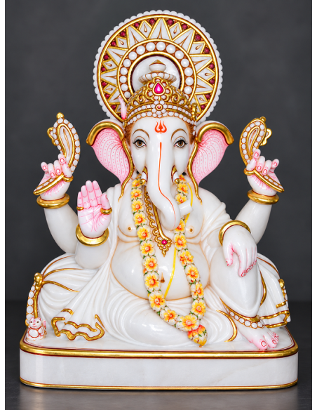 Marble Ganesha Idol with Gold Halo in Blessing Gesture, 12 Inch