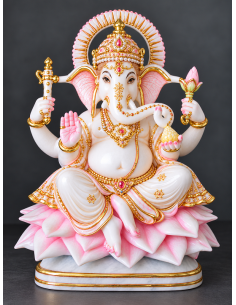 Hand-Painted Marble Ganesha Idol on Pink Lotus Petal Base, 12 Inch