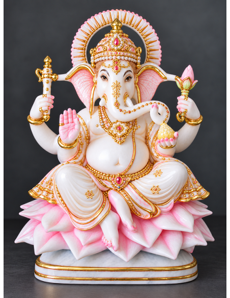 Hand-Painted Marble Ganesha Idol on Pink Lotus Petal Base, 12 Inch