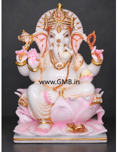 Marble Ganesha Idol on Pink-Tinted Lotus Petal Base | 12 Inch | GMB