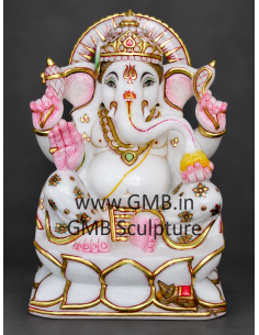Marble Ganesha Idol on Gold Rectangular Base, 12 Inch