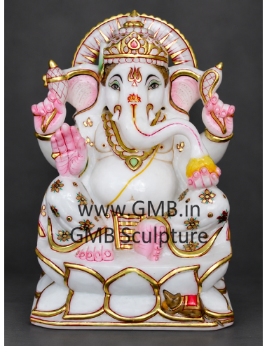 Marble Ganesha Idol on Gold Rectangular Base, 12 Inch