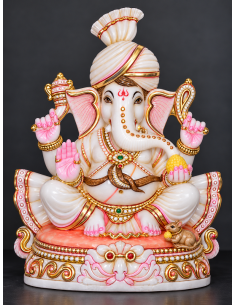 Marble Ganesha Idol with Gold Halo on Carved Elephant-Motif Pedestal, 12 Inch