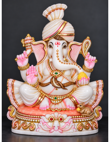 Marble Ganesha Idol with Gold Halo on Carved Elephant-Motif Pedestal, 12 Inch