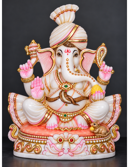 Marble Ganesha Idol with Gold Halo on Carved Elephant-Motif Pedestal, 12 Inch