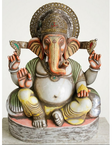 42 inch large white marble ganesha statue with antique finish front view