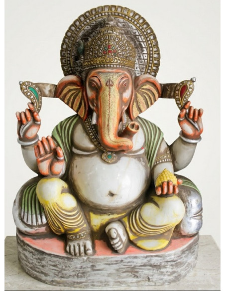 42 inch large white marble ganesha statue with antique finish front view