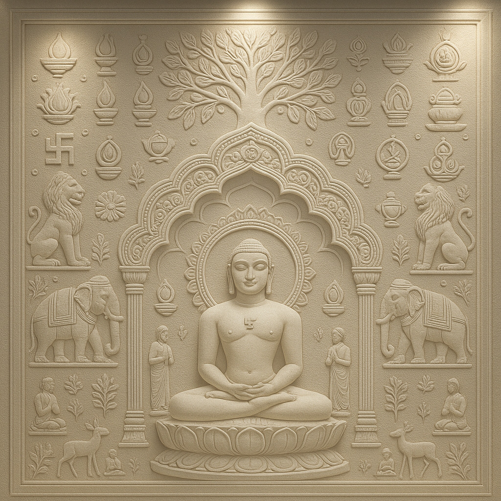 Hand-carved white marble wall panel with floral inlay for pooja room